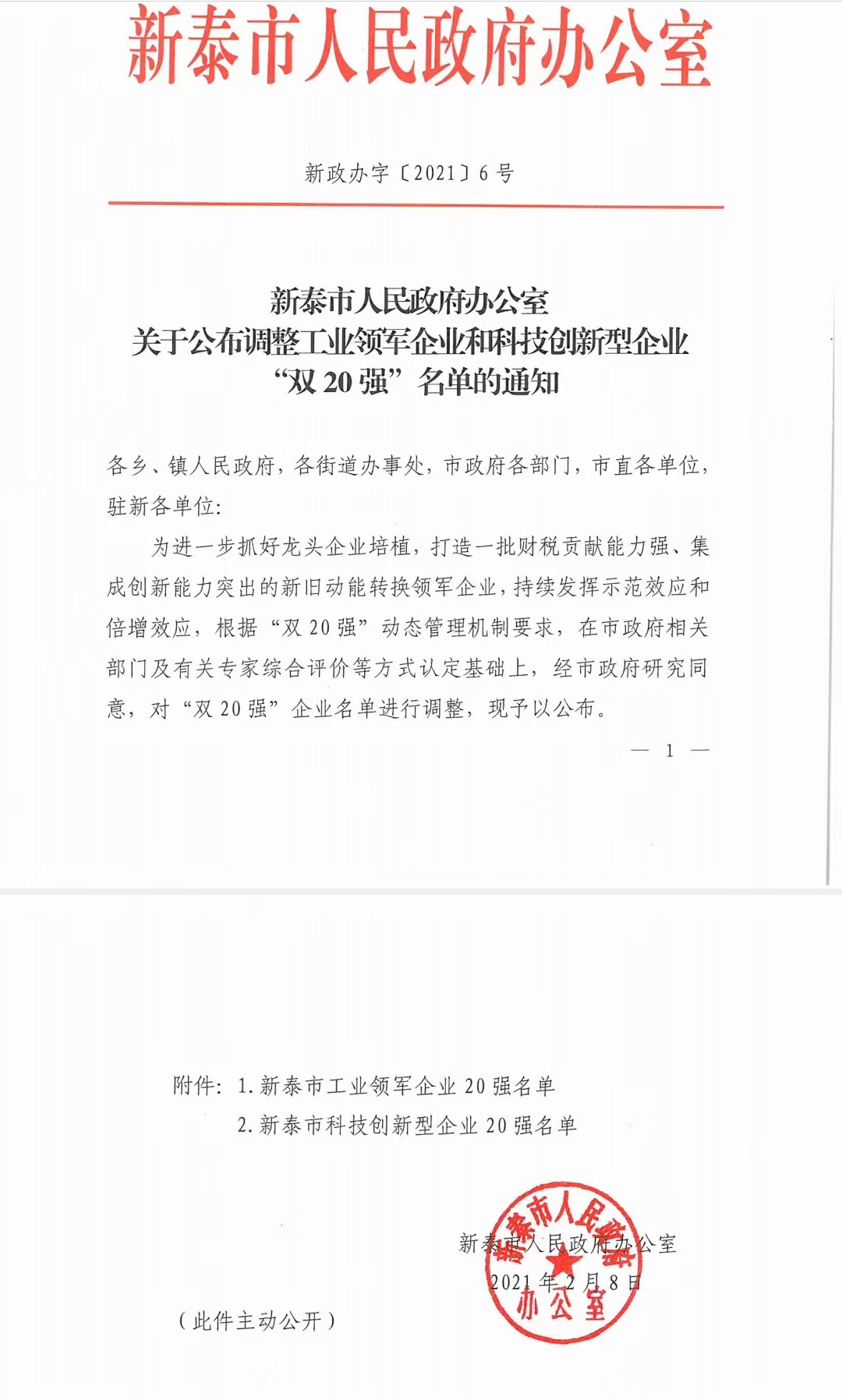 喜訊！公司榮獲“新泰市科技型創(chuàng)新企業(yè)20強(qiáng)”榮譽(yù)稱號(圖1)